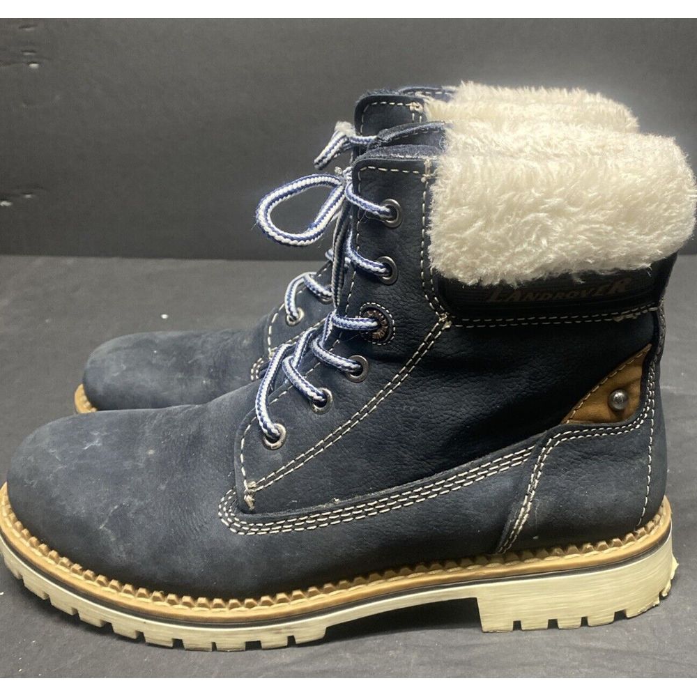 Landrover Blue Leather Ankle Boots Women's 38 Us 7.5 Faux Fur Padded Collar View 3